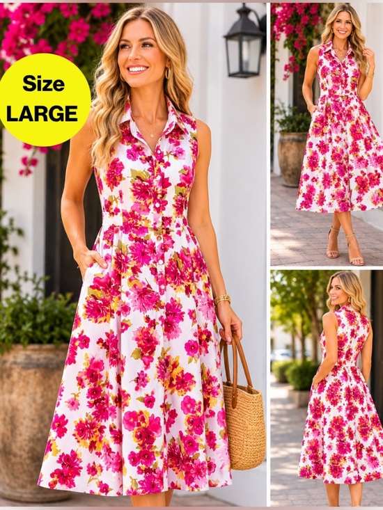 K Studio Collection Dresses & Skirts - K STUDIO 💐 Floral Collared Midi Dress, Button Front, Pockets (Women’s Large)